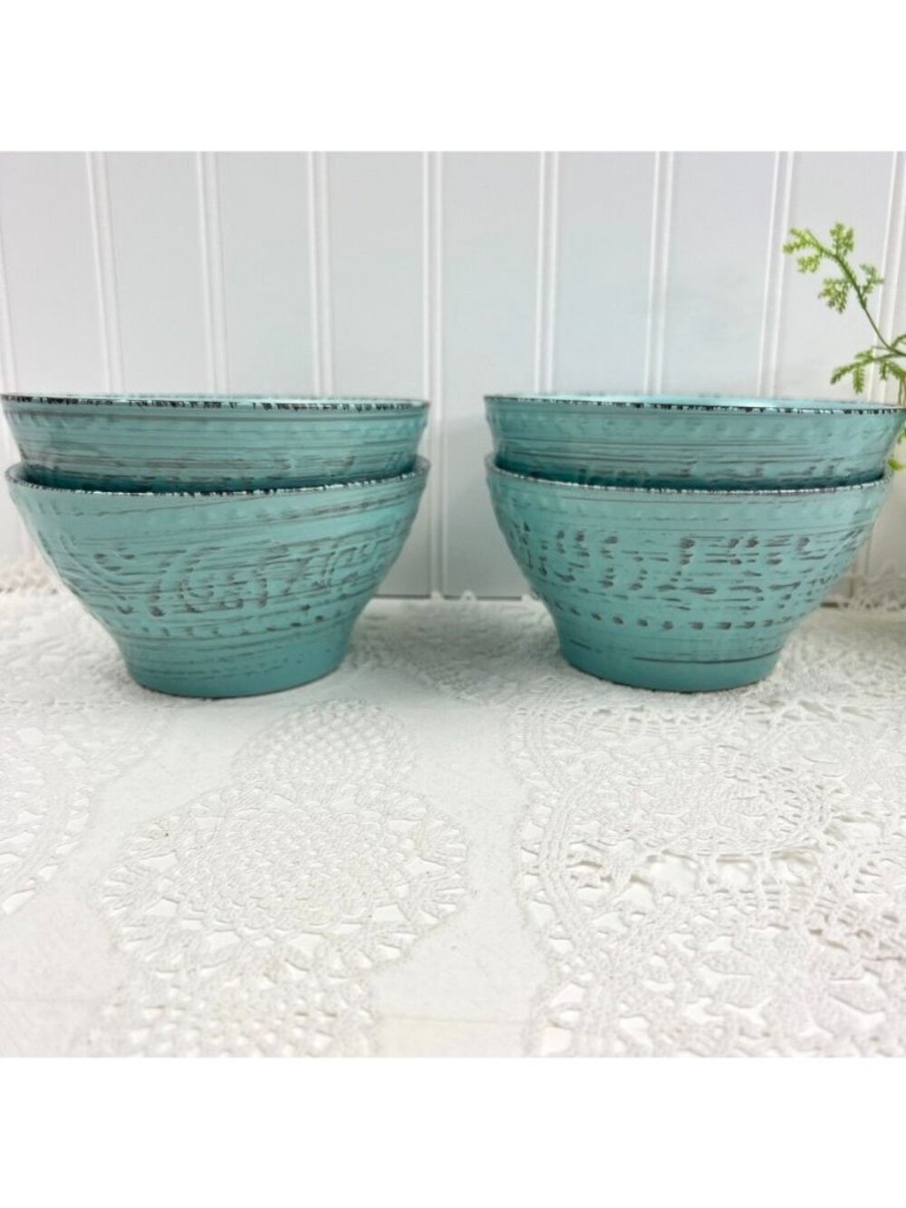 Elama Malibu Waves Set of 4 Stoneware Cereal Soup Bowls Turquoise Embossed